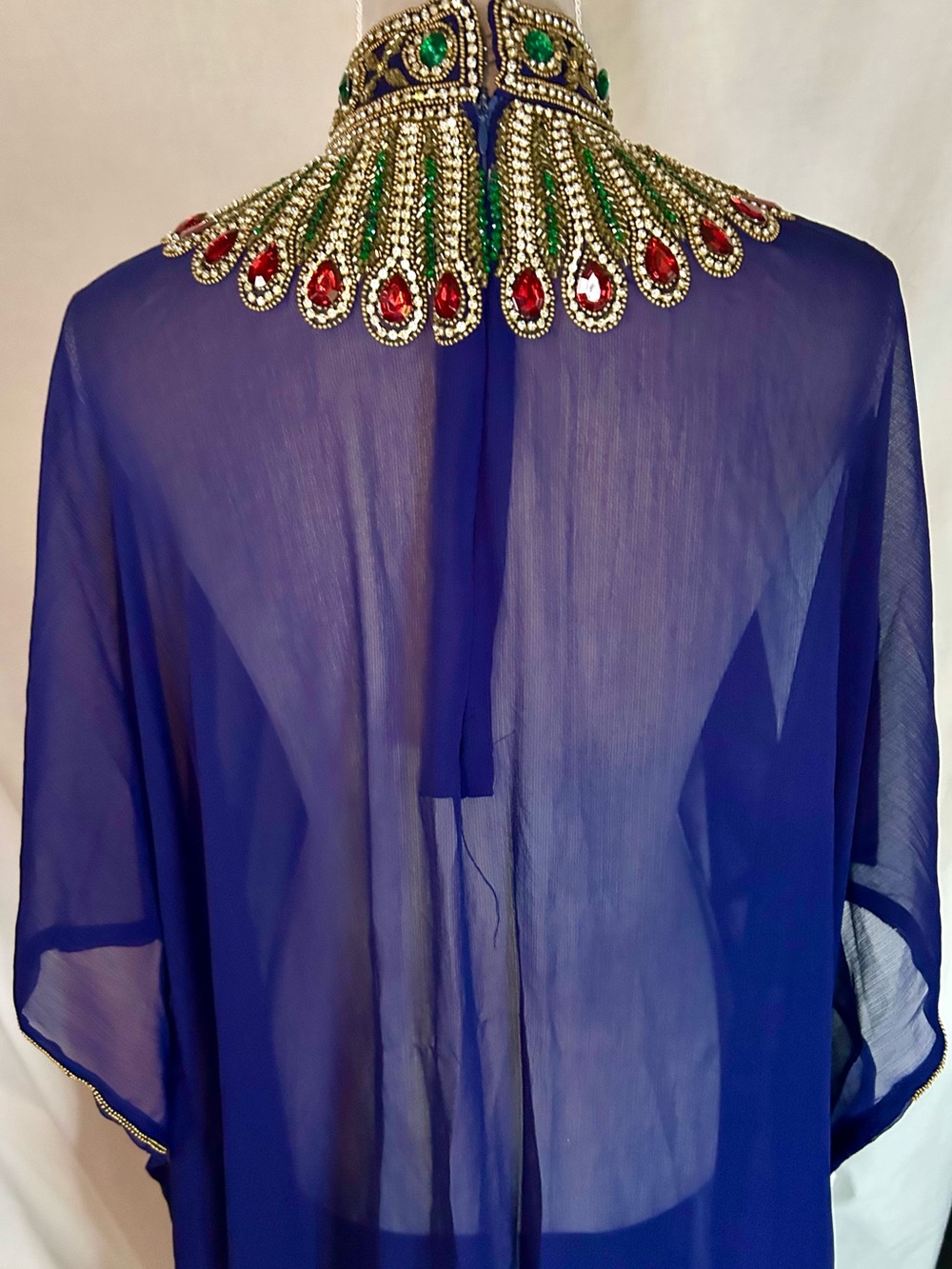 Royal Blue Sheer Hand Beaded Gold, Multicolor Farasha Kaftan Gown, Free Size - Picture 12 of 17